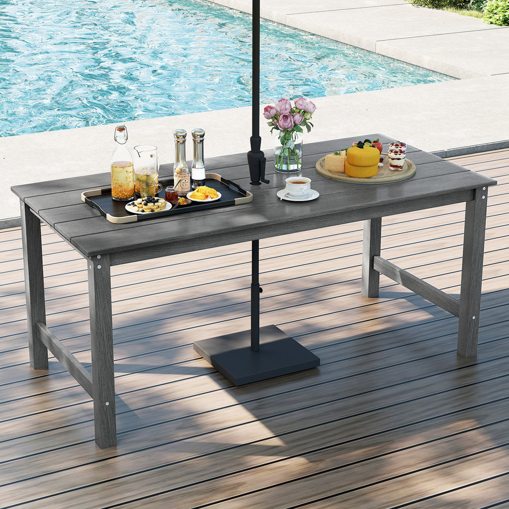 HDPE Outdoor Dining Table for 6 Person with Wood-Like Tabletop and Umbrella Hole-Gray - Gallery View 1 of 11
