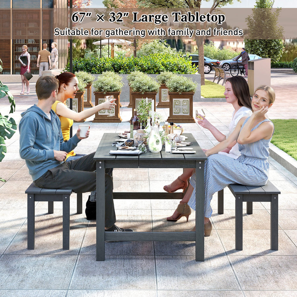 Large gray HDPE outdoor dining table for 6 with wood-like surface and umbrella hole, perfect for gatherings.