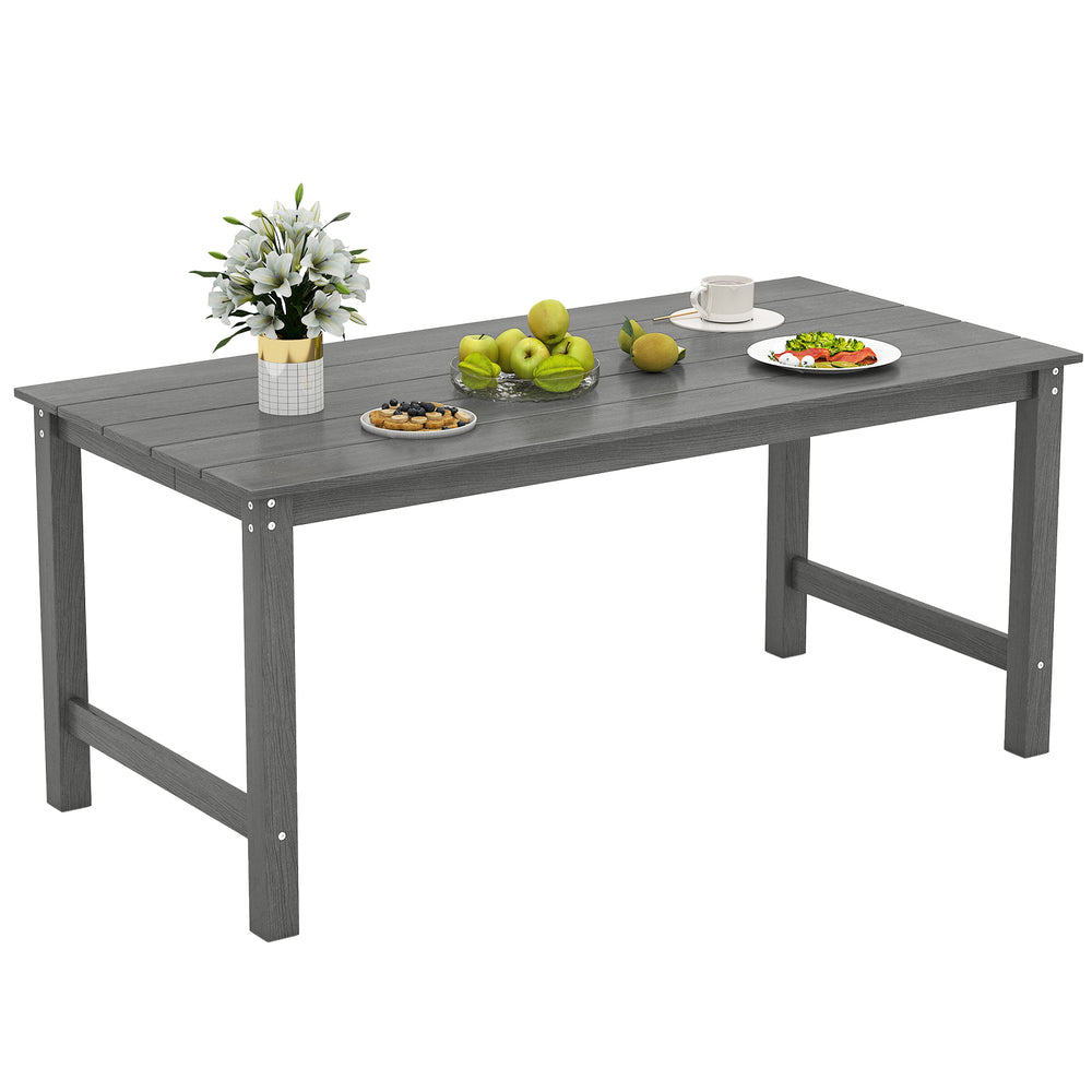 Gray HDPE outdoor dining table for 6 with wood-like tabletop and umbrella hole, perfect for patio gatherings.