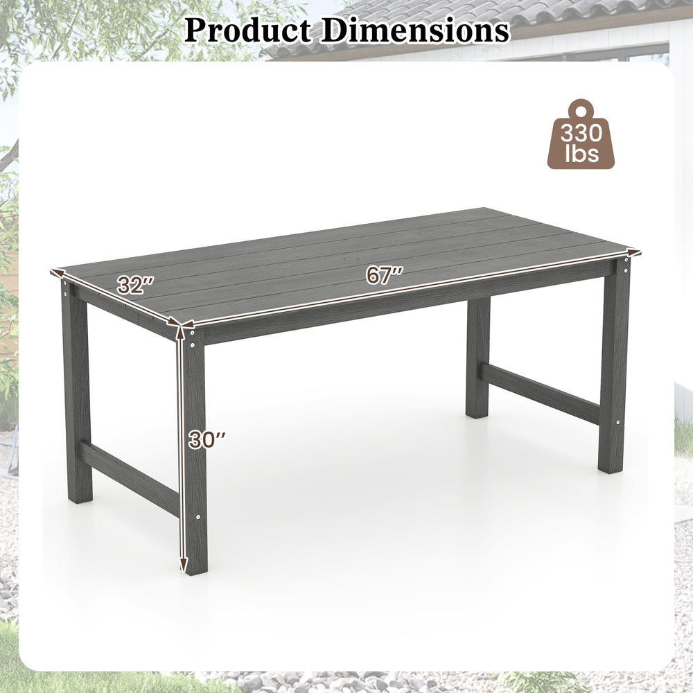 Gray HDPE outdoor dining table with wood-like tabletop, 67" x 32" dimensions, suitable for 6 persons, ideal for patio.