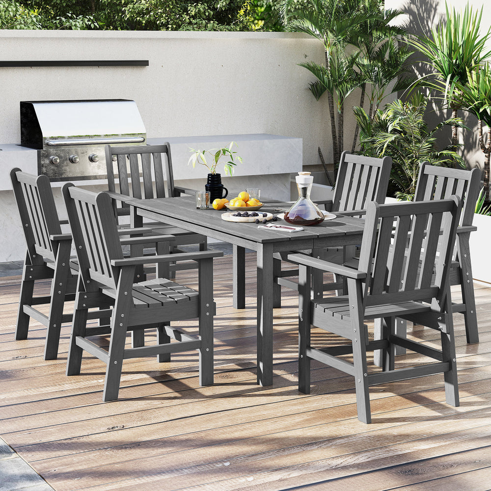 Gray HDPE outdoor dining set showcasing a wood-like tabletop and six sturdy chairs, perfect for family gatherings on.