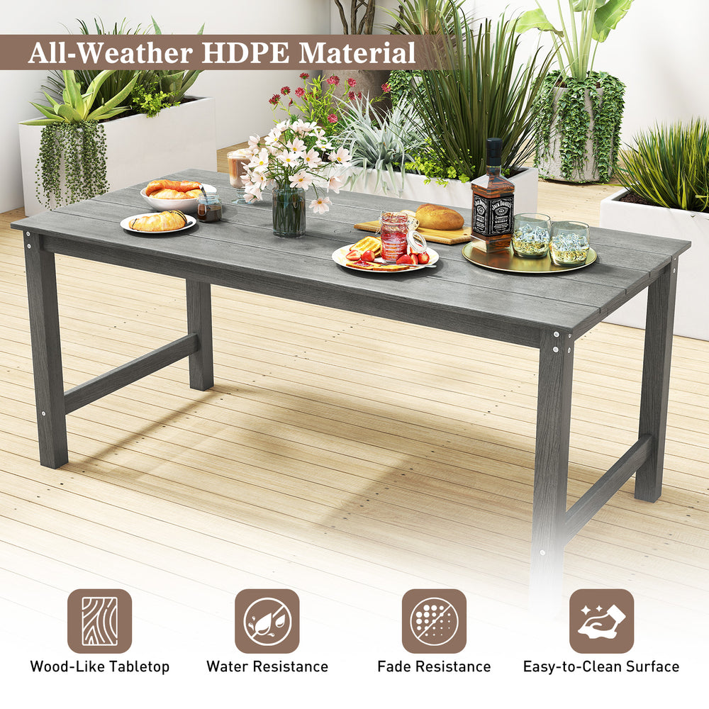 Gray HDPE outdoor dining table for 6 with wood-like tabletop, umbrella hole, and easy-to-clean surface for patio.