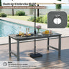 Gray HDPE outdoor dining table for 6 with wood-like tabletop and built-in umbrella hole, perfect for patio gatherings.