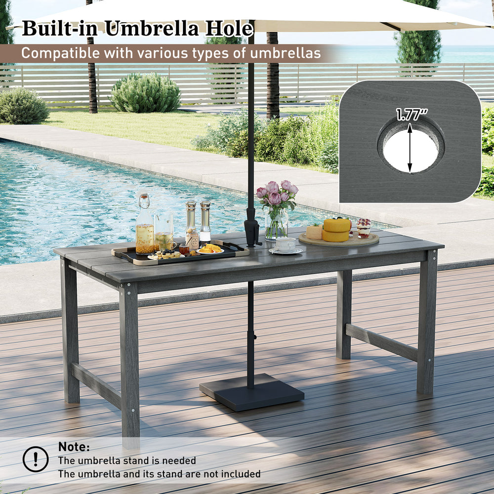 Gray HDPE outdoor dining table for 6 with wood-like tabletop and built-in umbrella hole, perfect for patio gatherings.