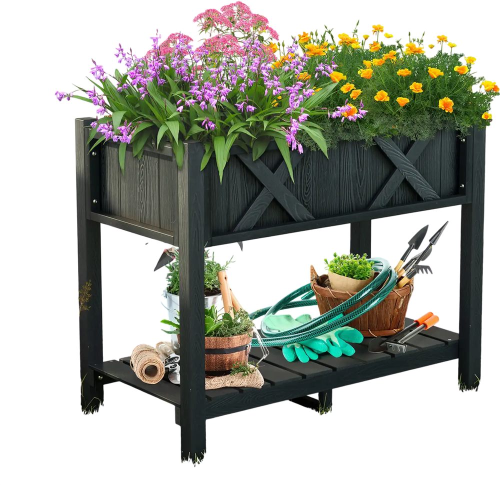 Elevated black HIPS raised garden bed with vibrant flowers, featuring a slatted shelf for gardening tools and.