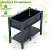 HIPS raised garden bed in black with dimensions, featuring a sturdy design and slatted shelf for gardening accessories.