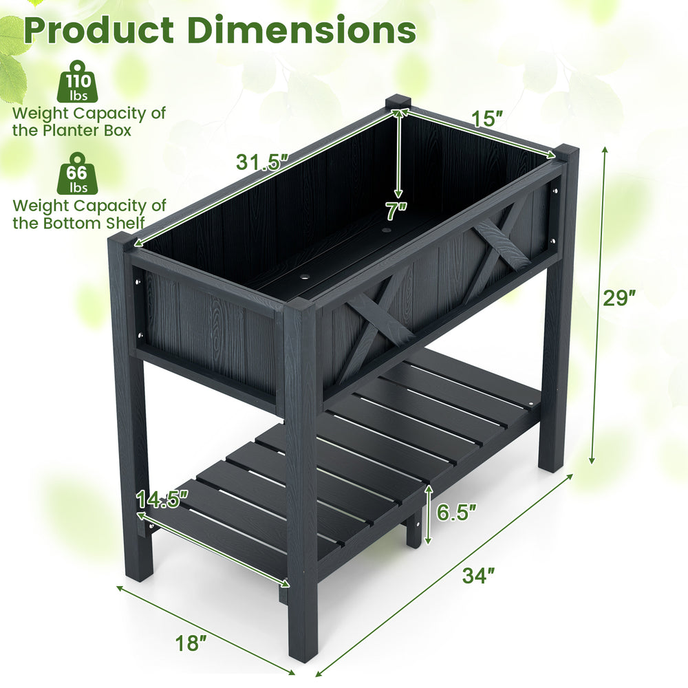 HIPS raised garden bed in black with dimensions, featuring a sturdy design and slatted shelf for gardening accessories.