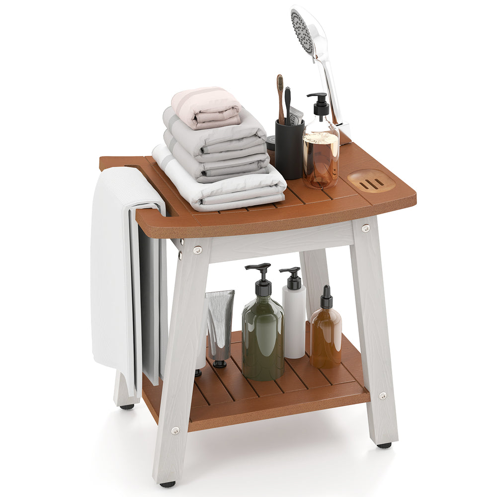HIPS shower bench seat in brown and white with towel bar, soap holder, and open shelf for versatile indoor or outdoor.