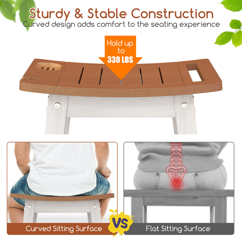 Curved sitting surface HIPS shower bench seat in brown and white, designed for comfort and stability, ideal for indoor.