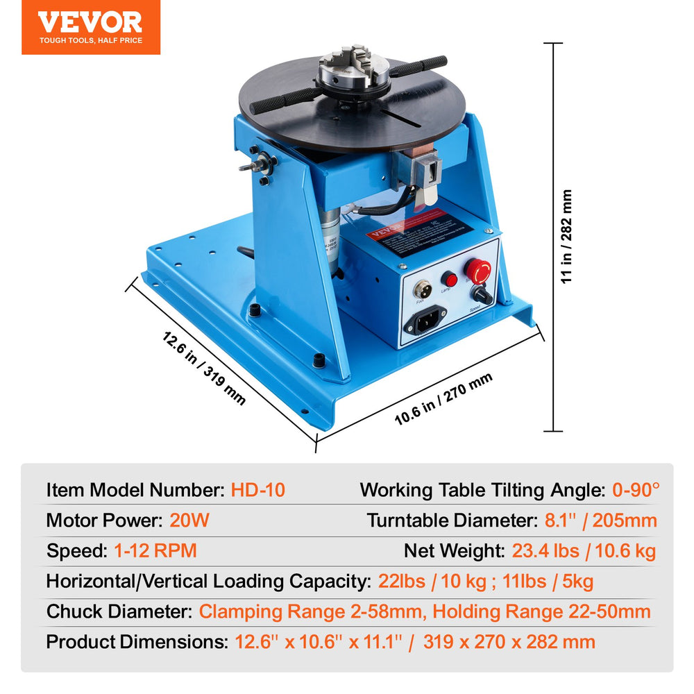 Vevor Welding Positioner Rotary 10 Kg Turntable 0-90° and 8.1" 3-Jaw Lathe Chuck 12 RPM New