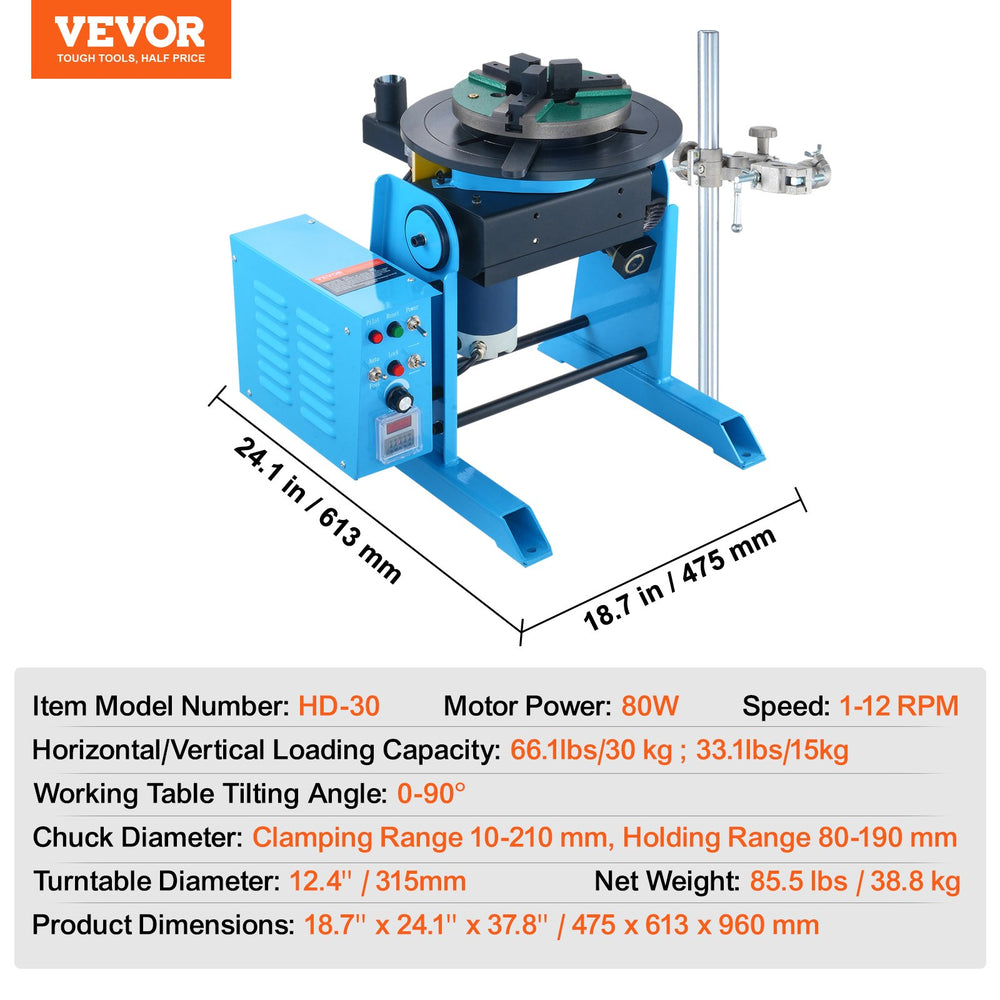 Vevor Welding Positioner Rotary 30 Kg Turntable 0-90° and 12.4" 3-Jaw Lathe Chuck 12 RPM New