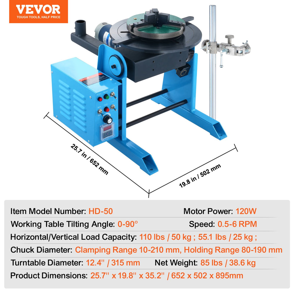 Vevor Welding Positioner Rotary 50 Kg Turntable 0-90° and 12.4" 3-Jaw Lathe Chuck 6 RPM New