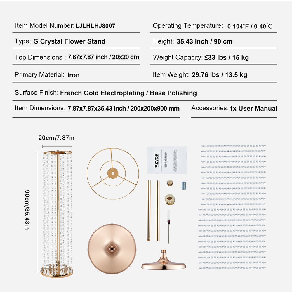 Vevor Flower Stand 35.4" Gold Metal Vase with Crystal Bead Pendants for Wedding Centerpieces 10 PCS New