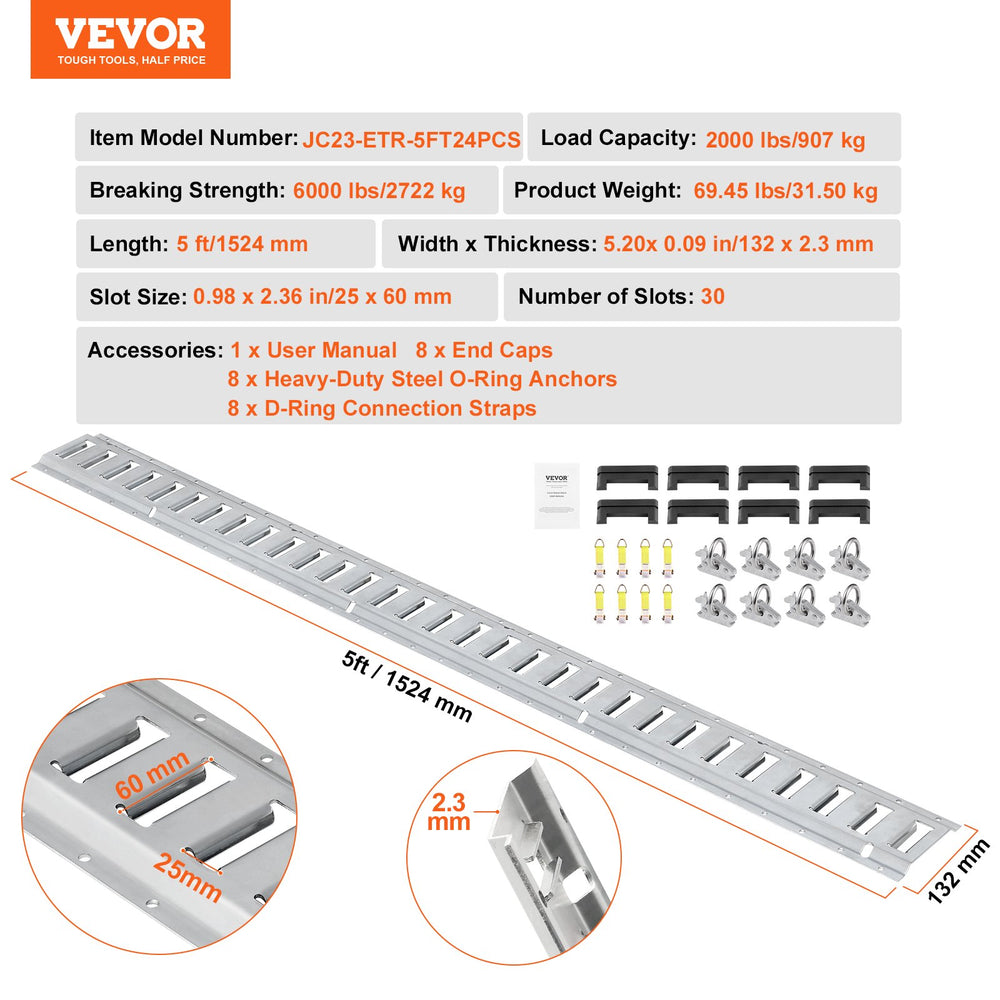 Vevor E-Tracks Tie-Down Kit 24 PCS 2000 Lbs Load 8 Steel Rails 8 O-Ring Anchors and 8 D-Rings Straps New