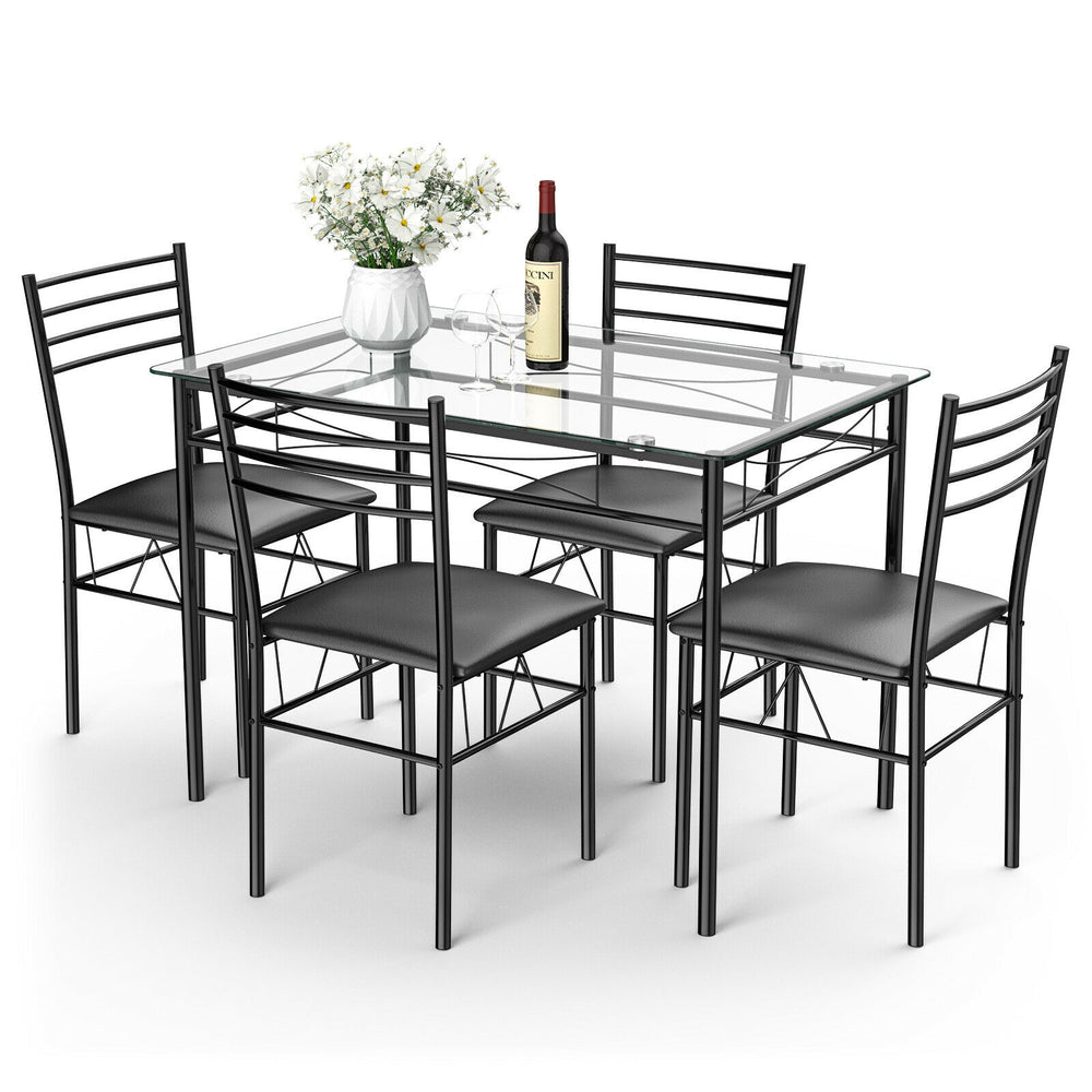 Costway Dining Set 5 Piece Tempered Glass Top And 4 Upholstered Chairs New