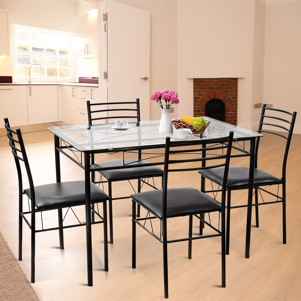 Costway Dining Set 5 Piece Tempered Glass Top And 4 Upholstered Chairs New