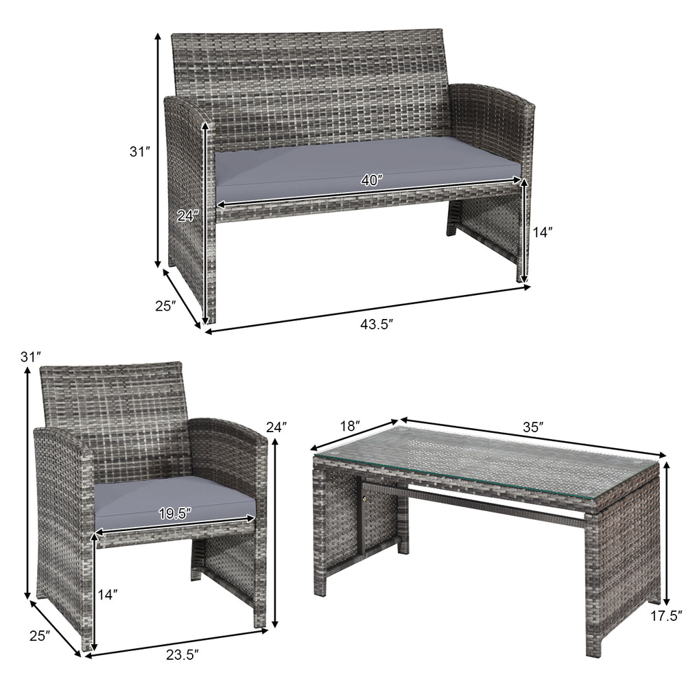 Costway Patio Furniture Set Gray Rattan 4 Piece Weather Resistant Cushions Tempered Glass Tabletop New