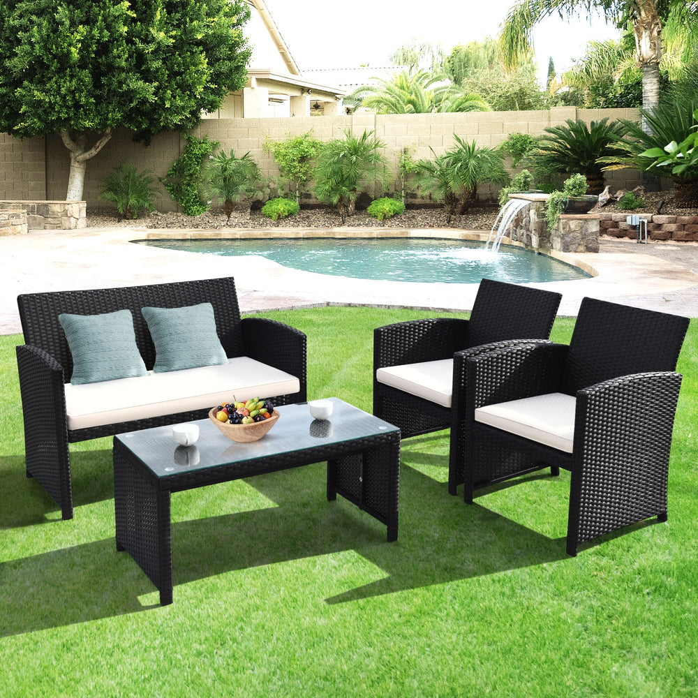 Costway Patio Furniture Set Black Rattan 4 Piece Weather Resistant Cushions Tempered Glass Tabletop New