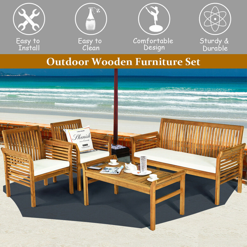 Costway Outdoor Sofa Set Acacia Wood 4 Piece Furniture New