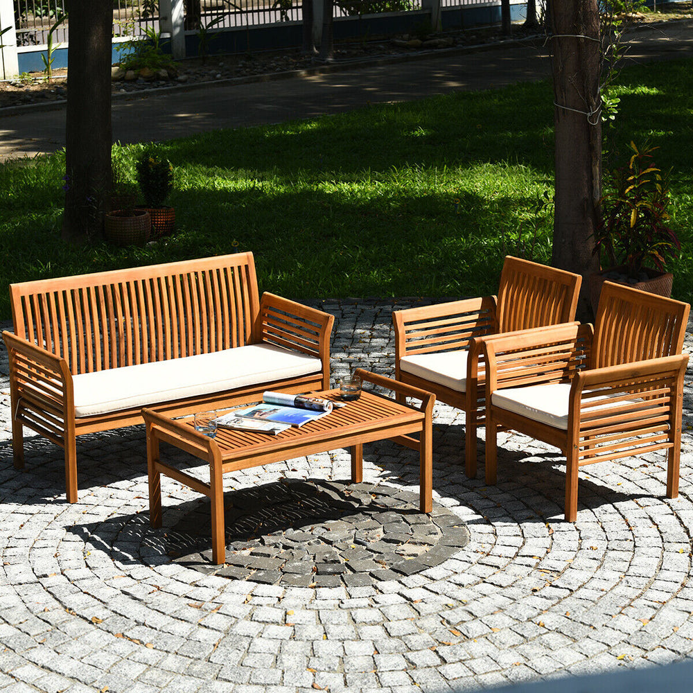 Costway Outdoor Sofa Set Acacia Wood 4 Piece Furniture New