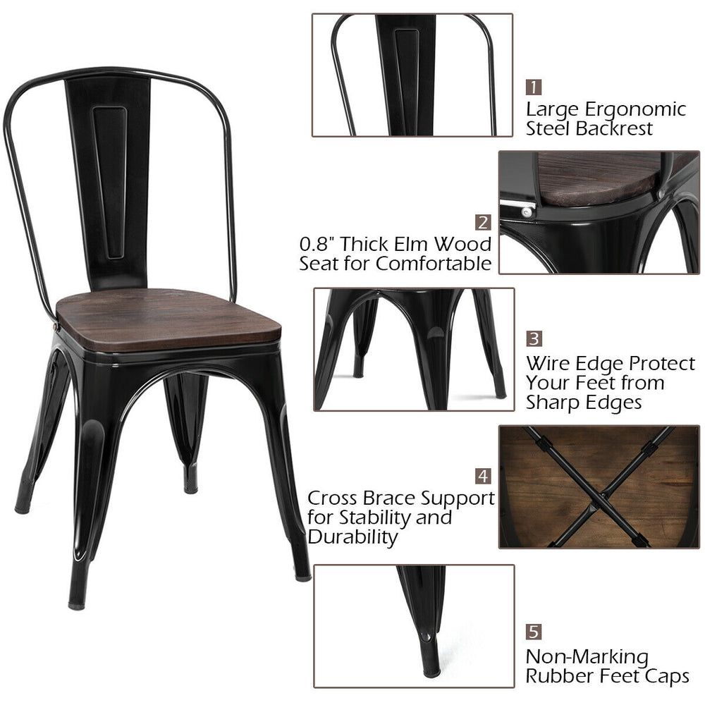 Costway Chair Set of 4 Stackable 18" with Elm Wood Seat and Steel Frame Black or Dark Green New