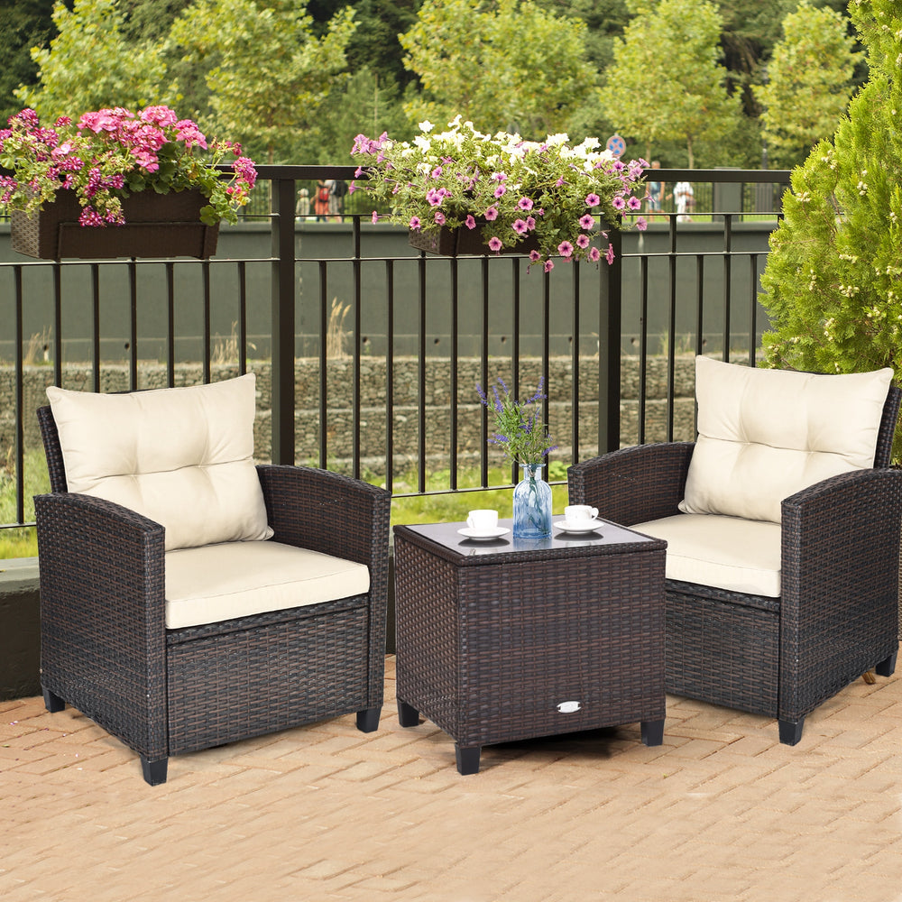 Costway Patio Furniture Set Rattan 3 Piece Washable Cushions Tempered Glass Tabletop New