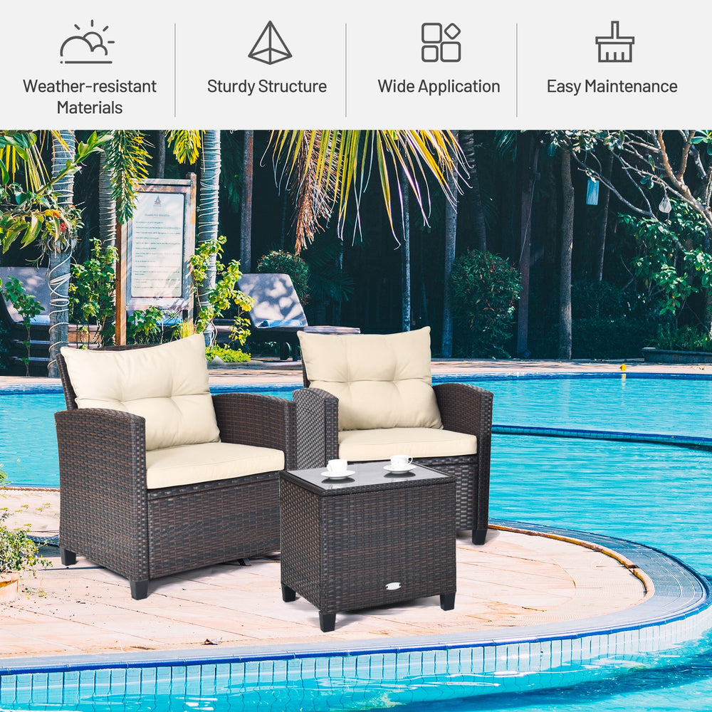 Costway Patio Furniture Set Rattan 3 Piece Washable Cushions Tempered Glass Tabletop New