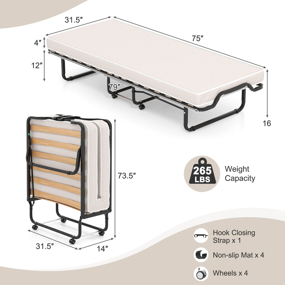 Costway Folding Bed Rollaway 79" x 31.5" Memory Foam Mattress Steel Frame Lockable Buckles New