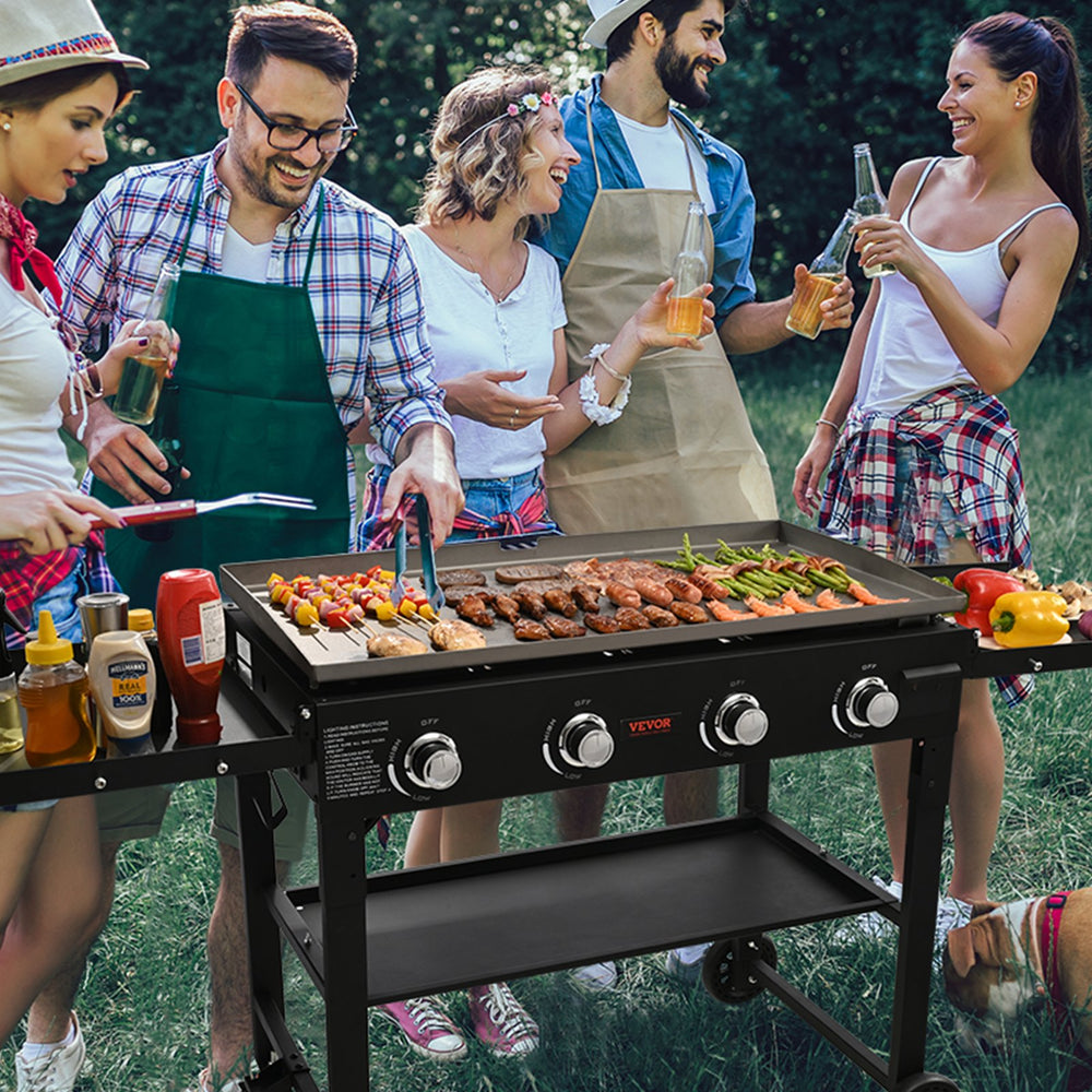 Vevor 36" Commercial Flat Top Griddle on Cart with Folding Tabletop 4-Burner Heavy Duty Steel LPG Gas Grill 60,000 BTU New