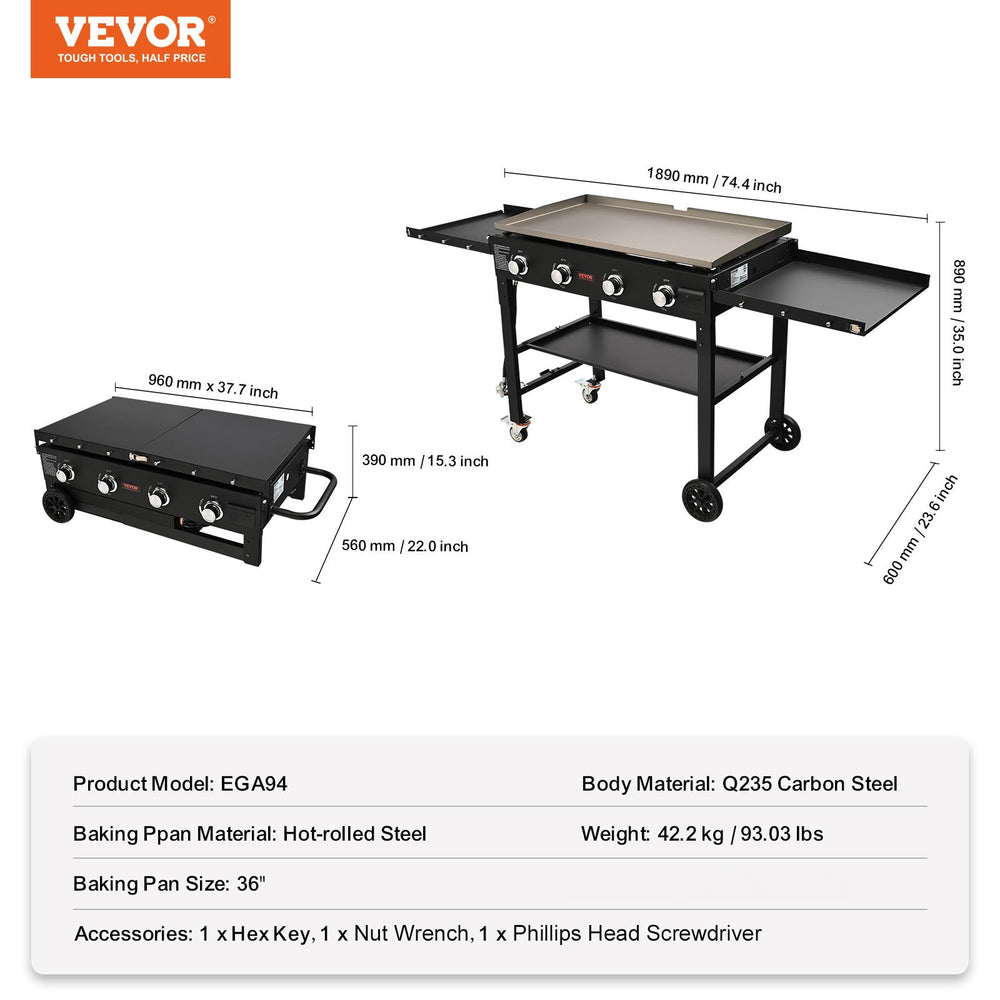 Vevor 36" Commercial Flat Top Griddle on Cart with Folding Tabletop 4-Burner Heavy Duty Steel LPG Gas Grill 60,000 BTU New