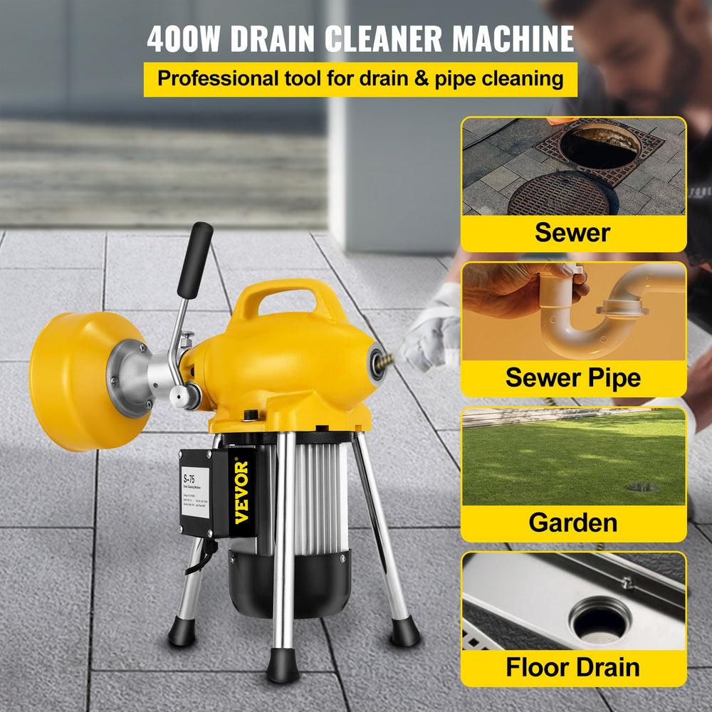 Vevor Drain Cleaning Machine 400W Sectional 66' x 5/8" and 16' x 2/5" Drain Cables with 8 Cutters New