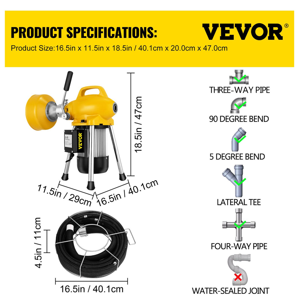 Vevor Drain Cleaning Machine 400W Sectional 66' x 5/8" and 16' x 2/5" Drain Cables with 8 Cutters New