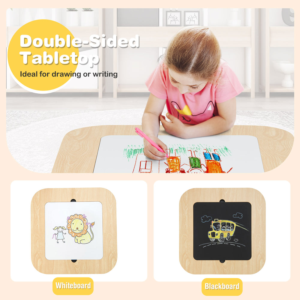 Kid's table and chairs set with double-sided tabletop, featuring a whiteboard and blackboard for drawing and writing.