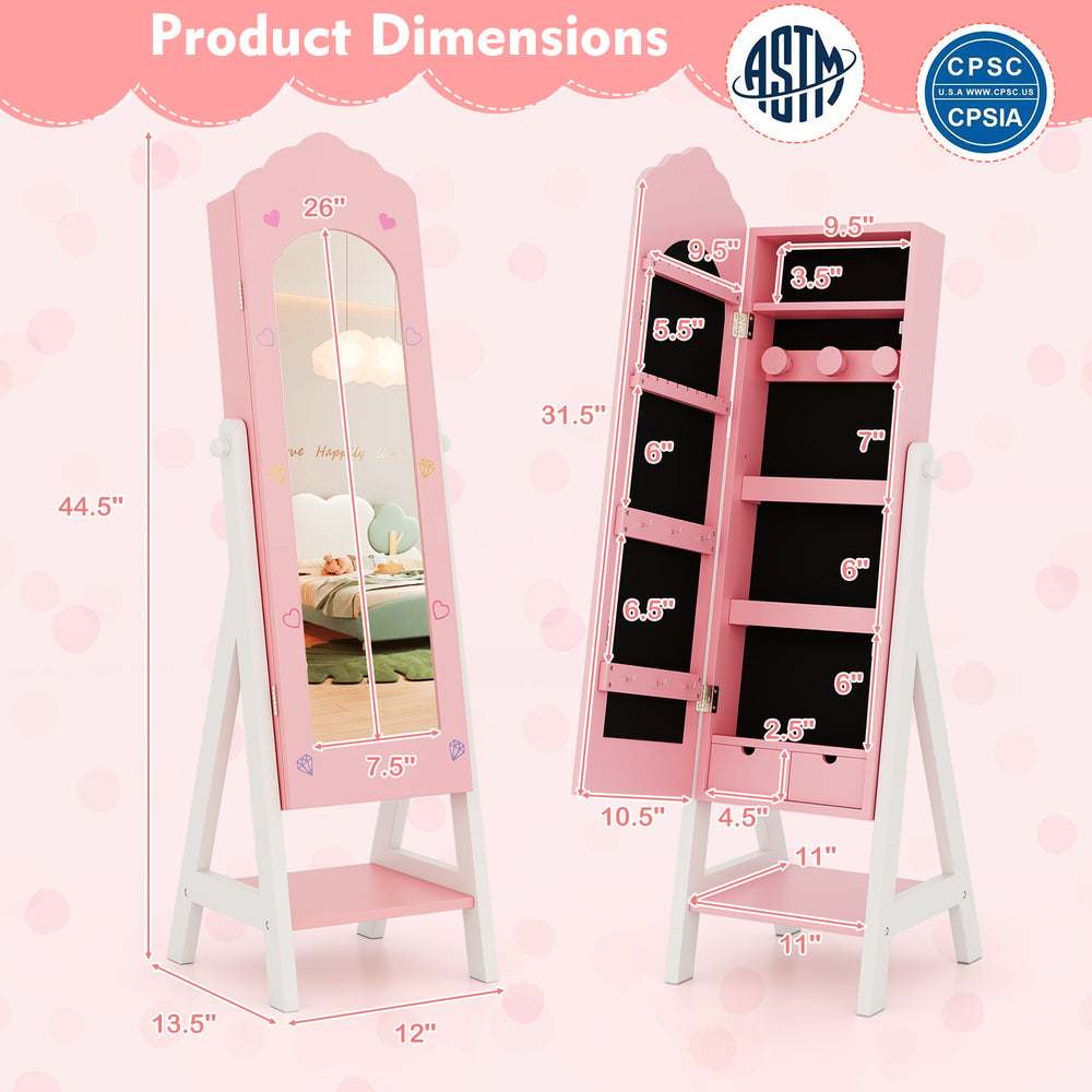 Kids jewelry organizer in pink with full-length mirror, storage drawers, and shelves; ideal for little ones'.