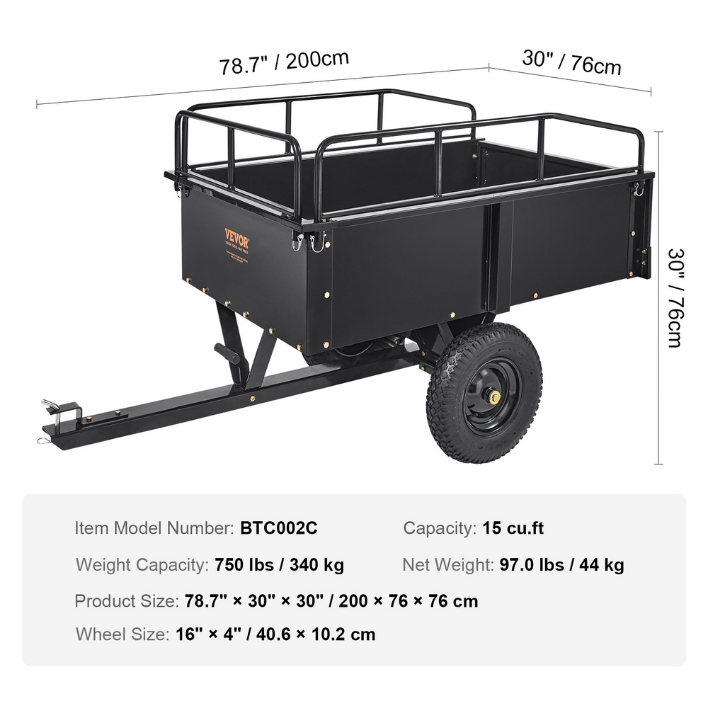 Vevor BTC002C ATV Dump Trailer Cart 750 lbs 15 cu. ft. Capacity Removable Sides For Riding Lawn Motor New