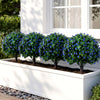 Four 27.5" artificial lavender boxwood topiary ball trees with purple flowers, ideal for porch and patio decoration.