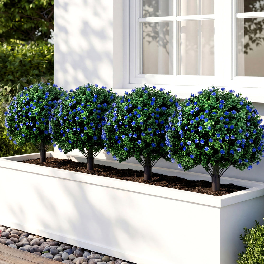Four 27.5" artificial lavender boxwood topiary ball trees with purple flowers, ideal for porch and patio decoration.