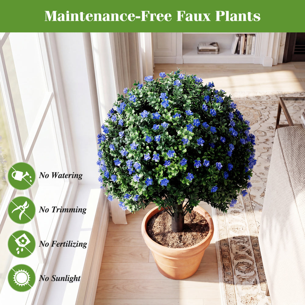 Artificial lavender boxwood topiary ball tree with purple flowers, 27.5", perfect for patio and yard decoration.