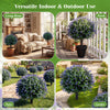 Artificial lavender boxwood topiary ball trees with purple flowers, ideal for garden, porch, or indoor decoration.