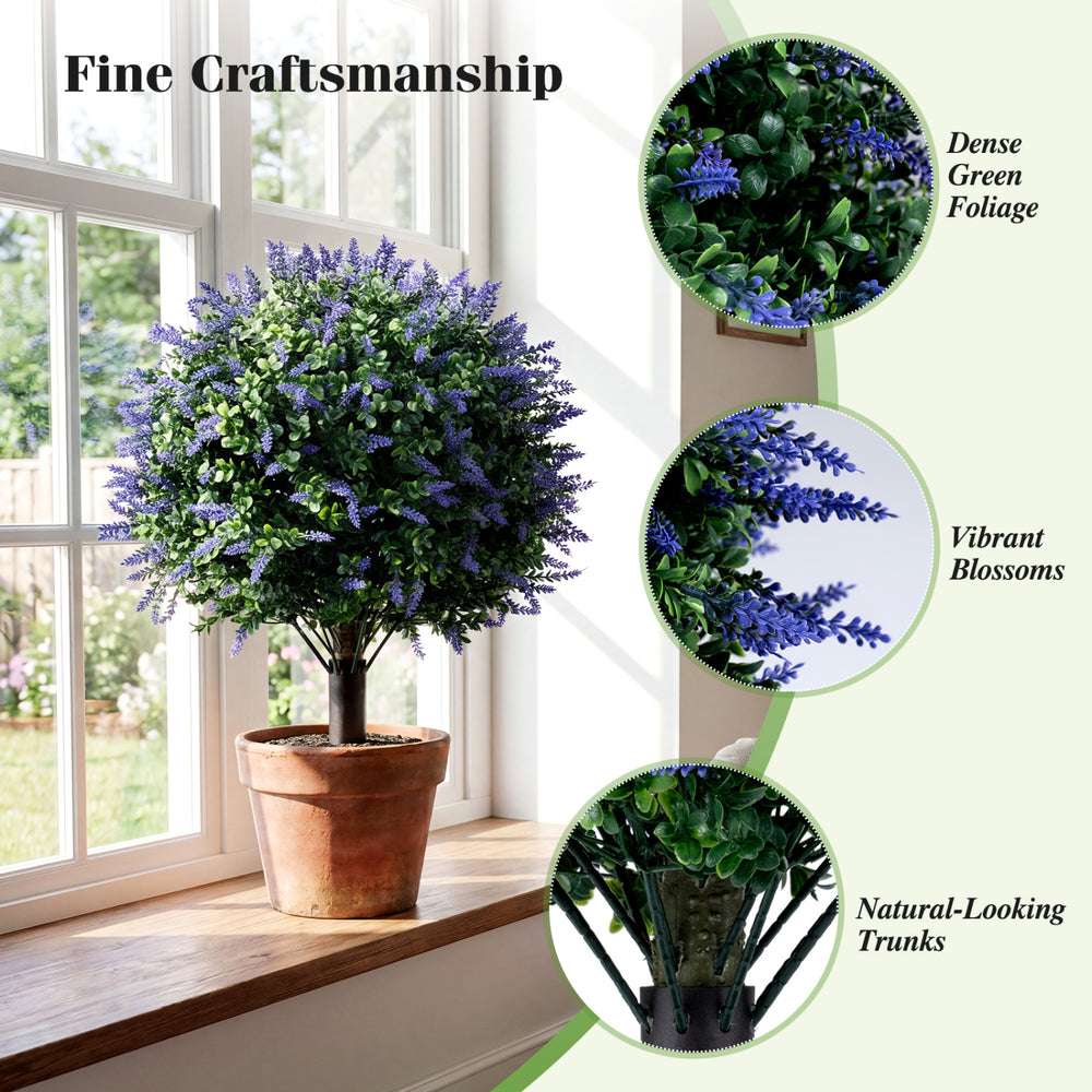 Artificial lavender boxwood topiary ball tree with dense foliage and vibrant blossoms, ideal for garden and porch.