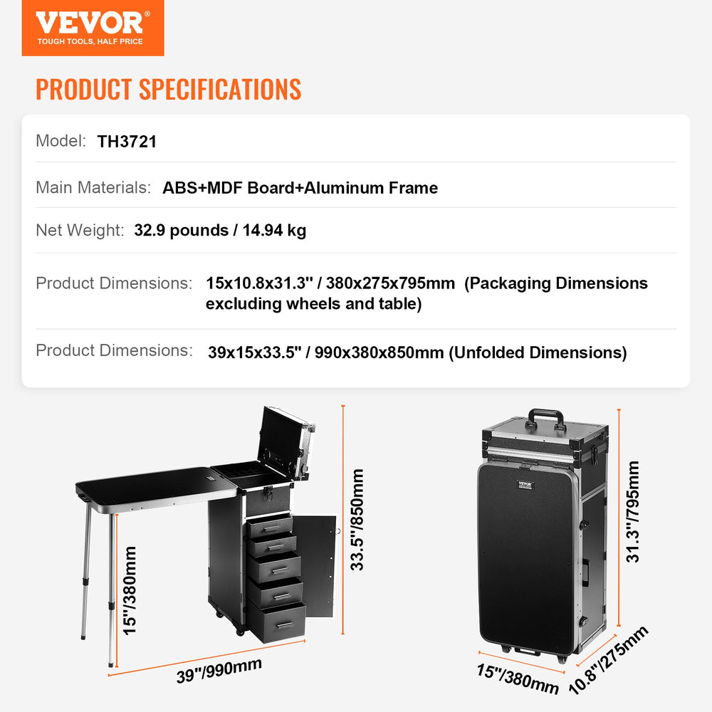 Vevor Makeup Train Case Aluminum Cosmetic Trolley with Workbench Legs and 360° Swivel Wheels New
