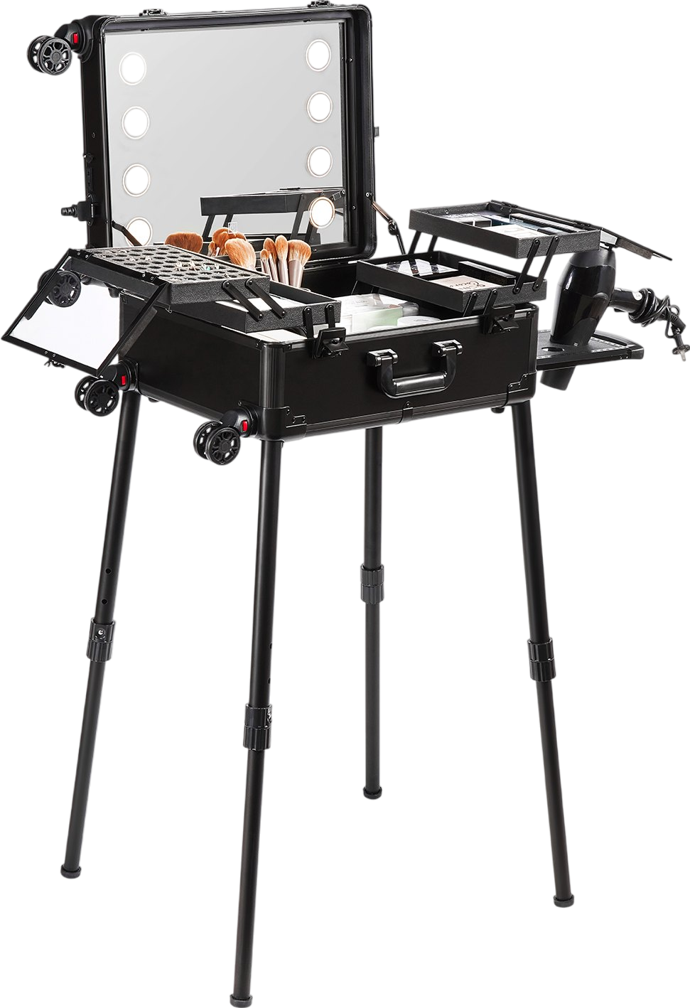 Vevor Makeup Train Case with Lock Lighted Mirror 4-Storage Trays Brush Holder and Swivel Wheels New