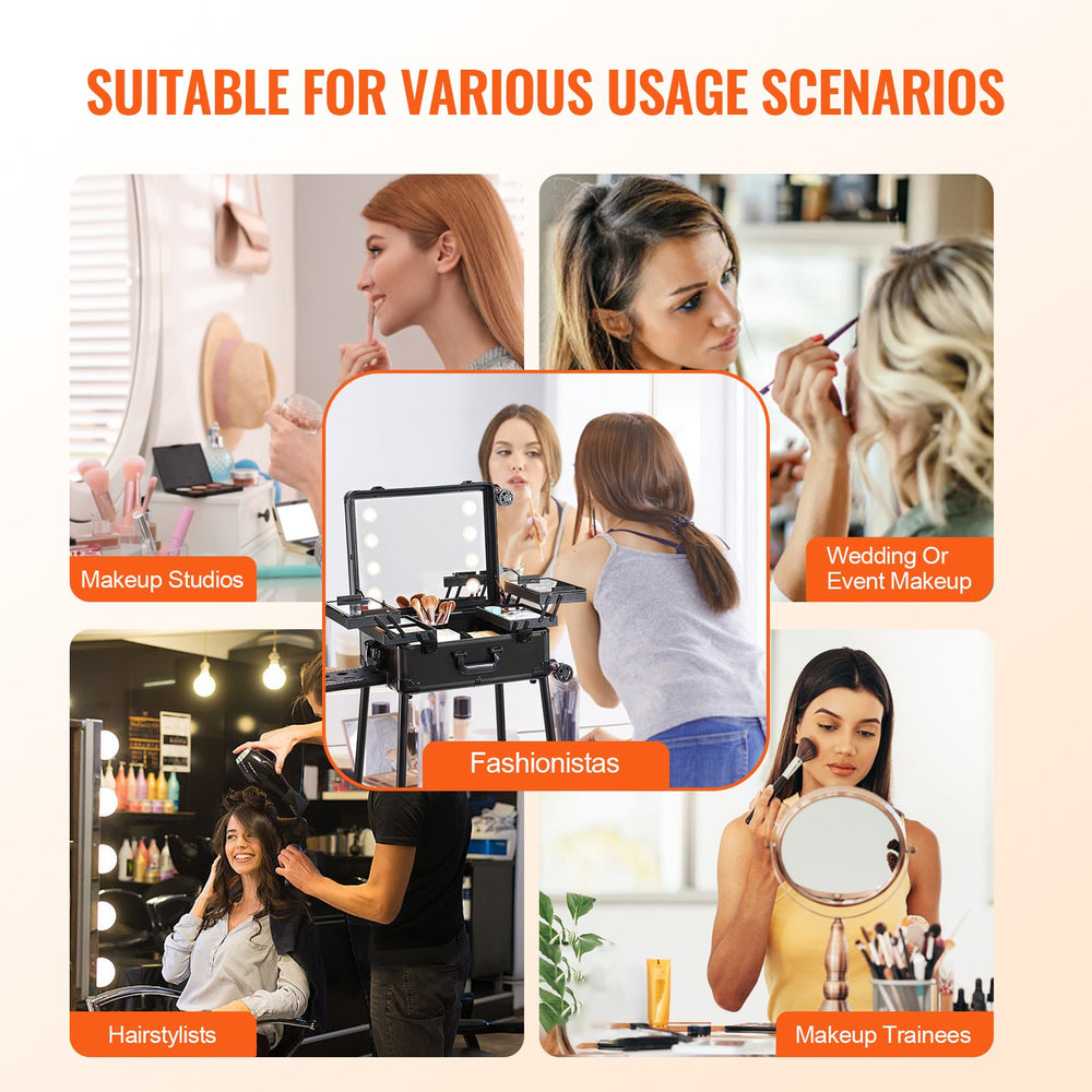 Vevor Makeup Train Case with Lock Lighted Mirror 4-Storage Trays Brush Holder and Swivel Wheels New