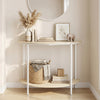 Half moon console table in oak with two-tier design, featuring a storage shelf for entryway organization.