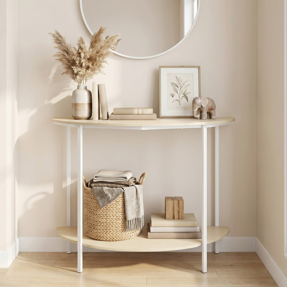 Half moon console table in oak with two-tier design, featuring a storage shelf for entryway organization.