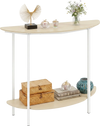Half moon console table with oak finish, featuring a 2-tier design and storage shelf for entryway organization.