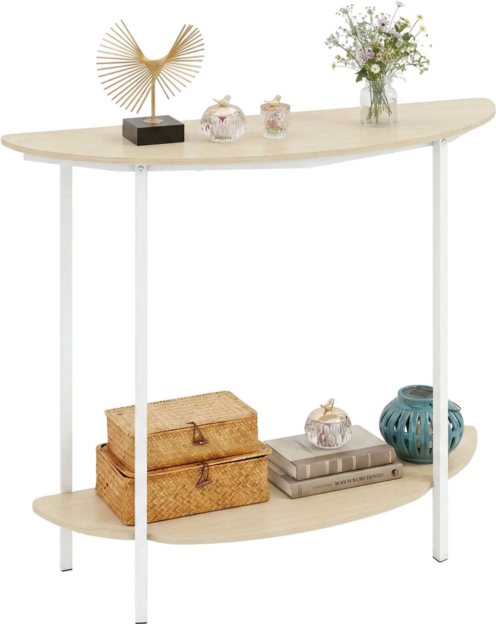 Half moon console table with oak finish, featuring a 2-tier design and storage shelf for entryway organization.