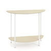 Half moon console table with oak finish and white legs, featuring a 2-tier design for entryway storage.