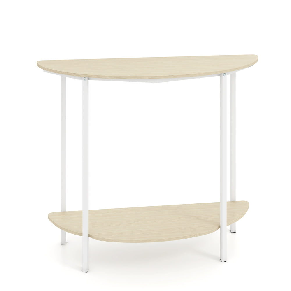 Half moon console table with oak finish and white legs, featuring a 2-tier design for entryway storage.