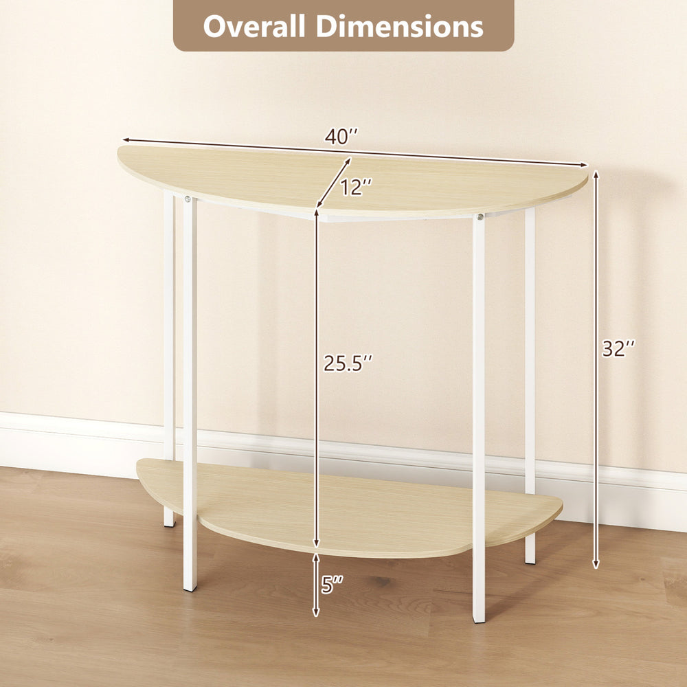 Half moon console table with overall dimensions of 40" x 12" x 32", featuring an oak finish and a 2-tier storage shelf.